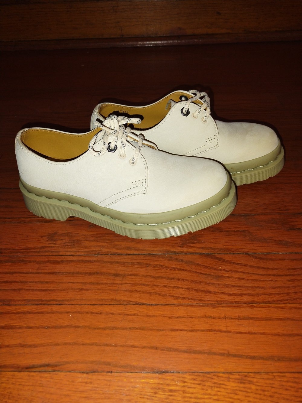 Dr. Martens Cream Leather Oxford Flats with Olive Green Sole